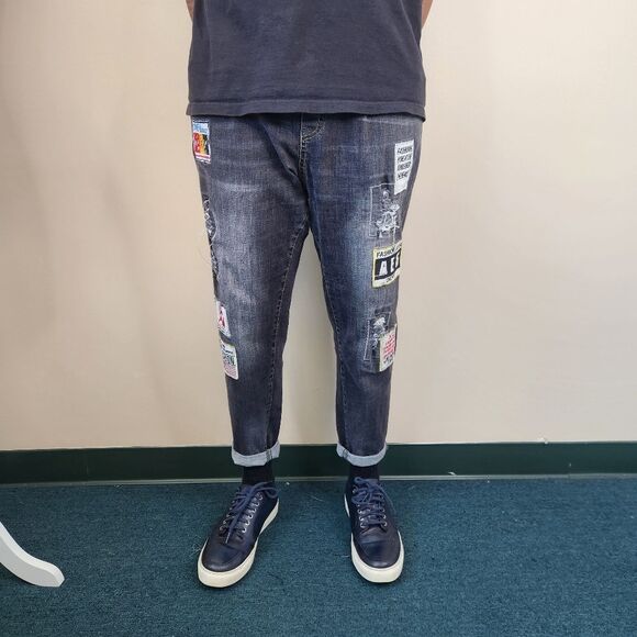 Elastic Waistline 5 Pocket Patchwork Denim Jeans 31x26 - Picture 7 of 10